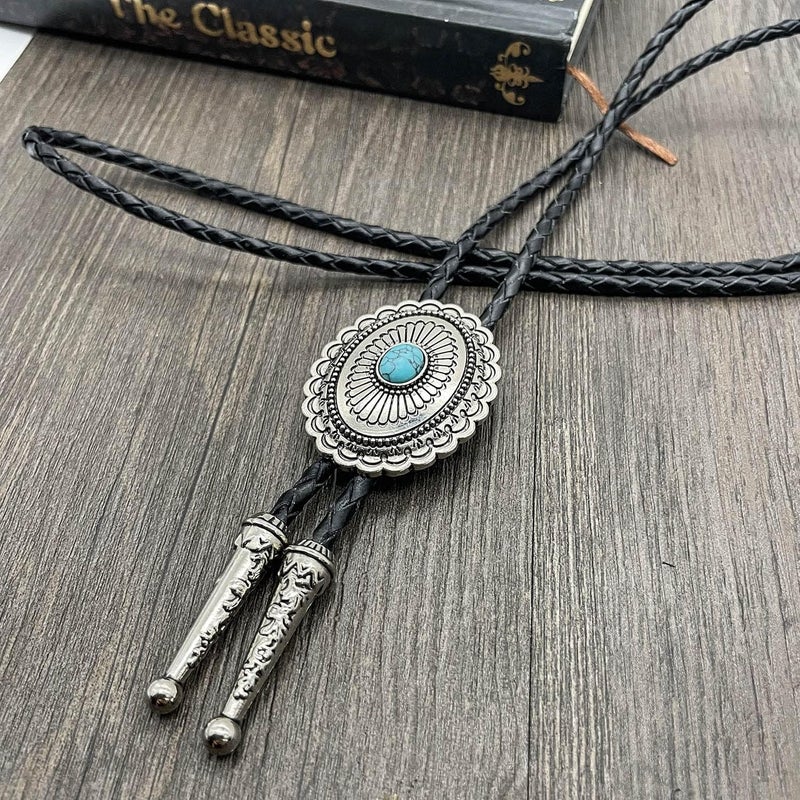 YOQUCOL Vintage American Western Cowboy Indian Art Stone Genunie Leather Bolo Tie For Men Women - Image 4